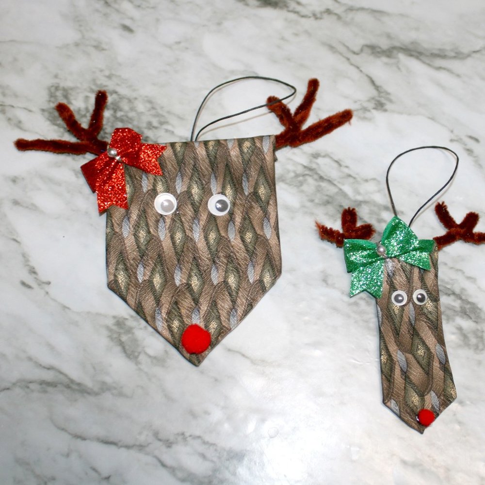 UPCYCLED Necktie Ornament Christmas Reindeer Hand Crafted Tan Woven Neck Tie Set